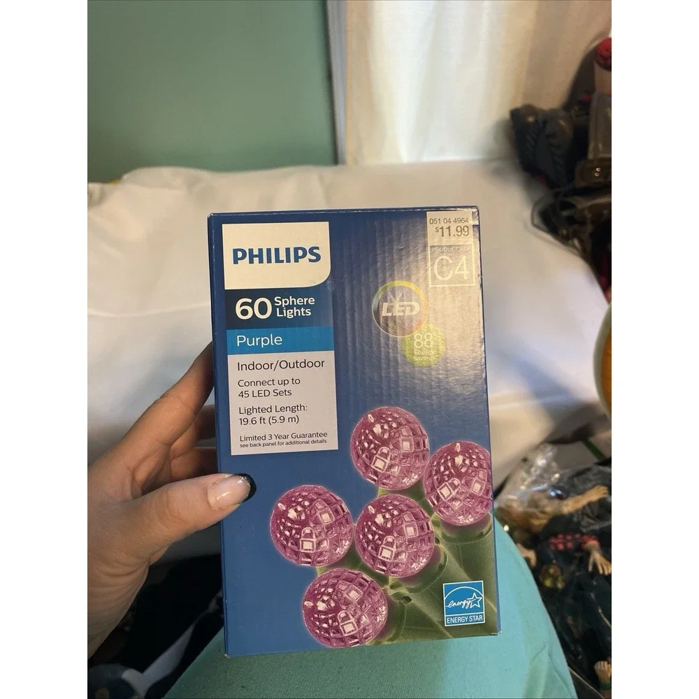 Philips 60 Purple Sphere Lights Indoor/Outdoor Green‎ Wire NIB BinB
